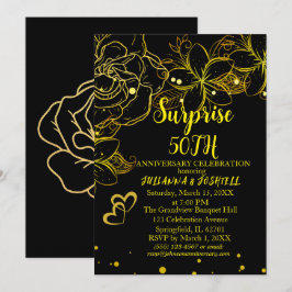 Convites Surpresa Floral Preta Dourada 50º Aniversário de O