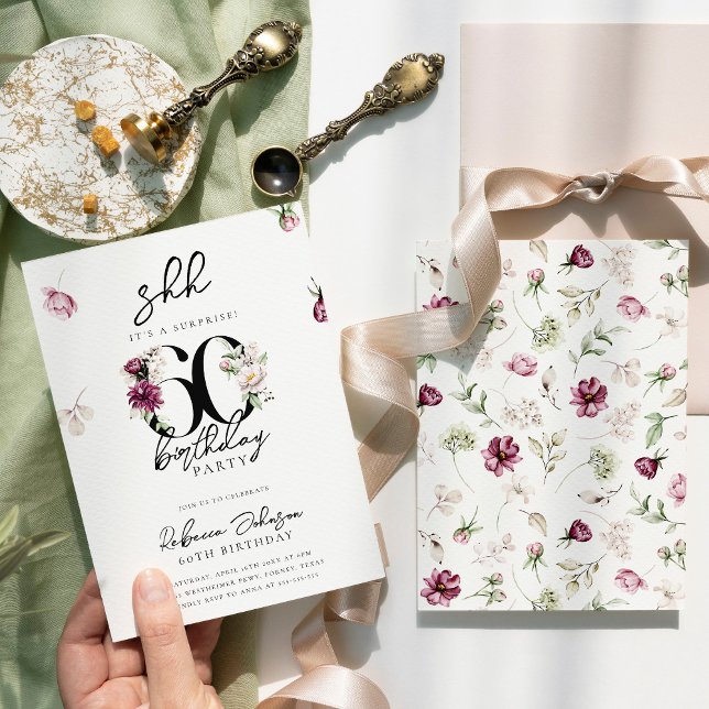 Convites Surpresa Floral Rosa 60ª Festa de aniversário (Criador carregado)