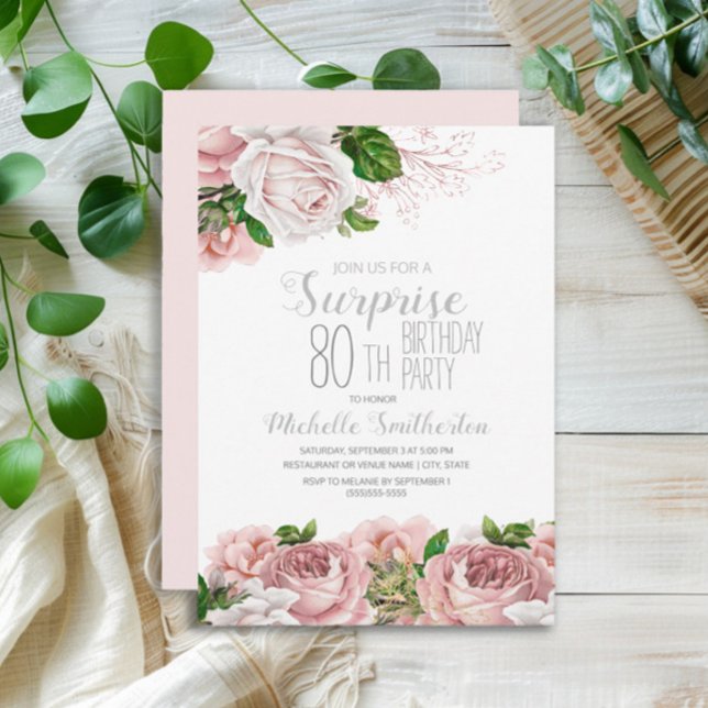 Convites Surpresa Floral Rosa Choque 80 Anos (Blush pink vintage floral surprise 80th birthday party invitation)