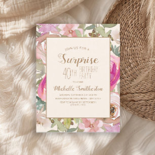 Convites Surpresa Floral Rosa Suave Roxo Aniversário de 40