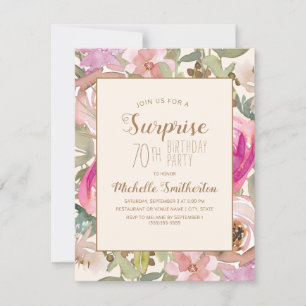 Convites Surpresa Floral Rosa Suave Roxo Aniversário de 70 