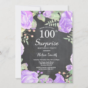 Convites Surpresa Floral Roxa Botânica para 100º Aniversári