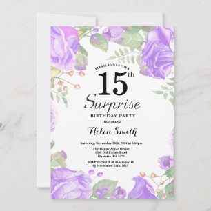 Convites Surpresa Floral Roxa Botânica para 15º Aniversário
