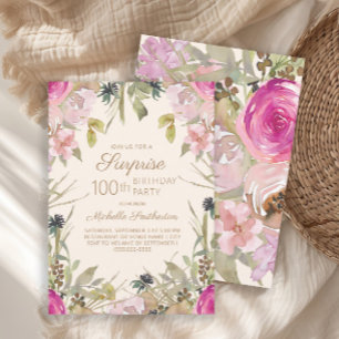 Convites Surpresa Floral Roxo Rosa de 100º Aniversário