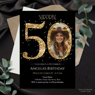Convites Surpresa Foto Aniversário de 50 anos com Brilho Do
