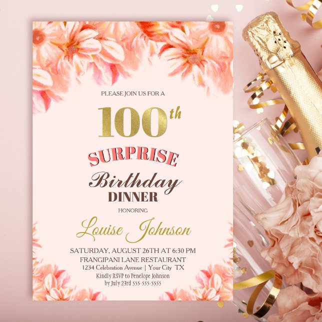 Convites Surpresa Jantar Floral Rosa Dourado de 100 Anos (Criador carregado)