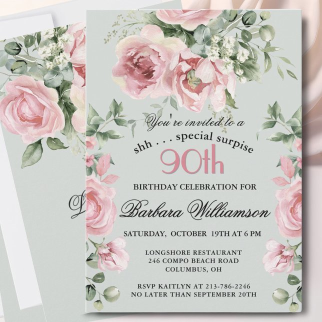 Convites SURPRESA Rosas Pintadas com Elegância 90 Aniversár (Criador carregado)