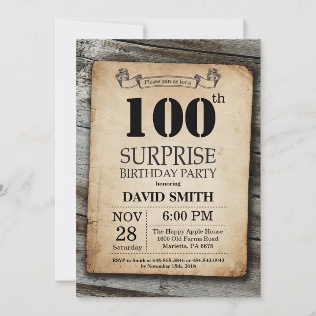 Convites Surpresa Rustic 100th Birthday Invitation Vintage (Frente)