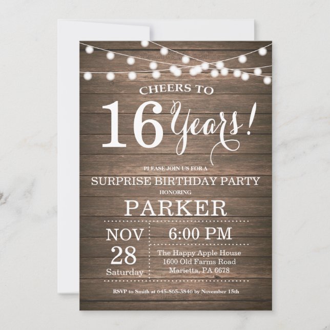 Convites Surpresa Rustic 16th Aniversário Invitation Wood (Frente)