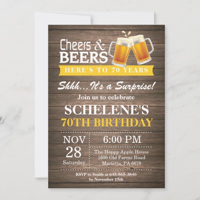 Convites Surpresa Rustic Cheers and Beers 70 Aniversário (Frente)