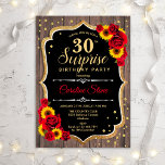 Convites Surprise 30th Birthday - Rustic Sunflowers<br><div class="desc">Surprise 30th Birthday Invitation.
Feminine rustic black,  white,  red design with faux glitter gold. Features wood pattern,  red roses,  sunflowers,  script font and confetti. Perfect for an elegant birthday party. Can be personalized to show any age. Message me if you need further customization.</div>