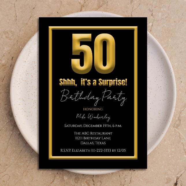 Convites Surprise 50th Birthday Party Gold and Black 50 (Criador carregado)