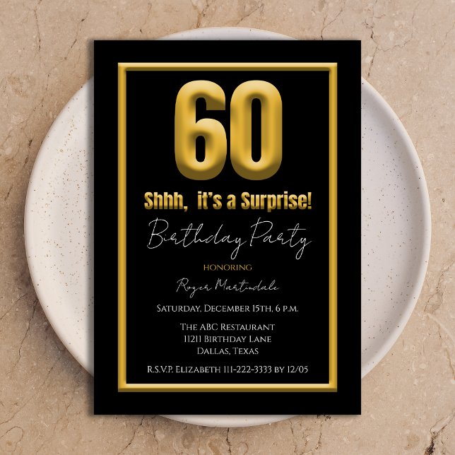 Convites Surprise 60th Birthday Party Bold Gold and Black  (Criador carregado)