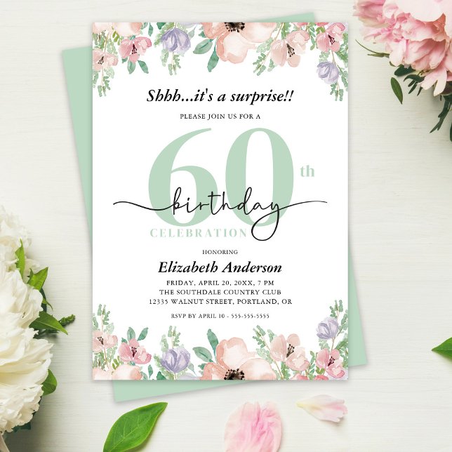 Convites Surprise 60th Birthday Party Elegant Pastel Floral (Criador carregado)