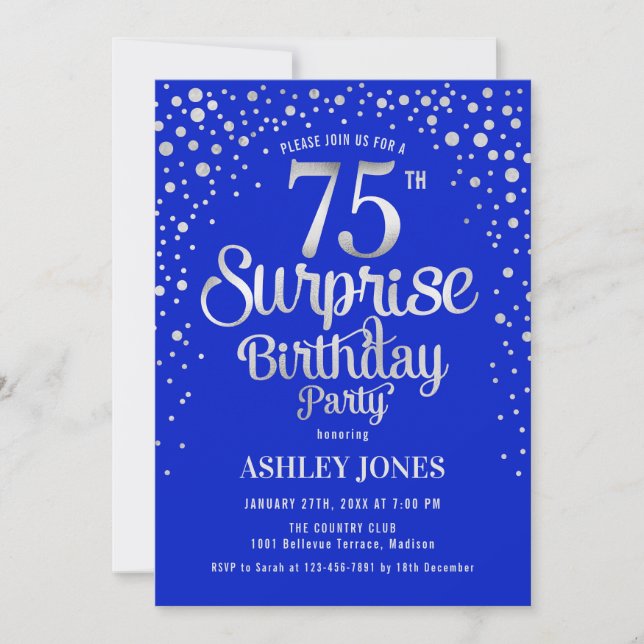 Convites Surprise 75th Birthday Party - Silver & Royal Blue (Frente)