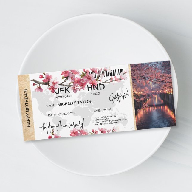 Convites Surprise Birthday Boarding Pass Tokio Trip Ticket (Anniversary surprise trip boarding pass ticket, destination Tokio, cherry blossom)