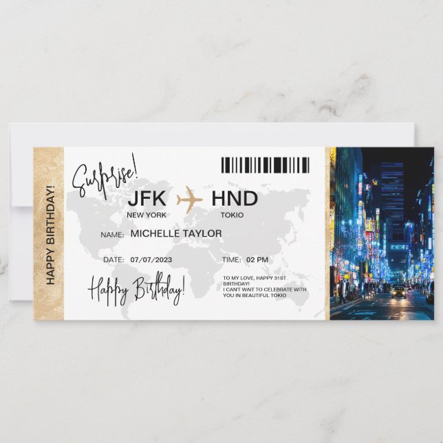 Convites Surprise Birthday Boarding Pass Tokio Trip Ticket (Frente)