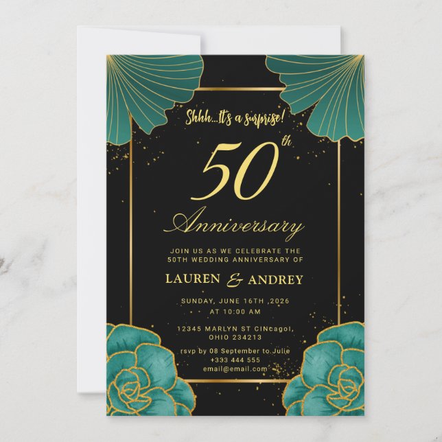 Convites Surprise Black & Gold 50th Wedding Anniversary (Frente)