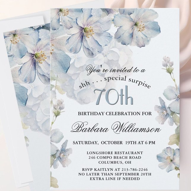 Convites SURPRISE Elegant Blue Floral 70th Birthday  (Criador carregado)