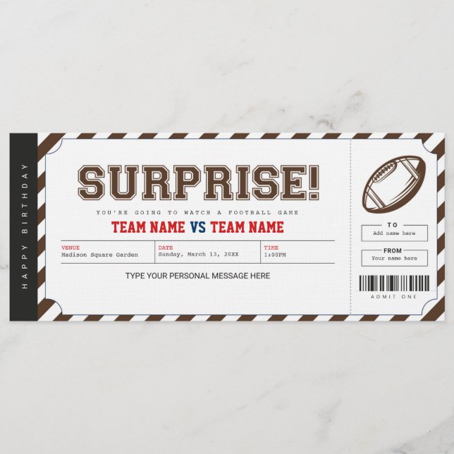 Convites Surprise Football Game Stadium Gift Ticket (Frente)