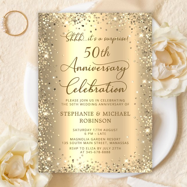 Convites Surprise Gold Glitter 50th Wedding Anniversary (Criador carregado)