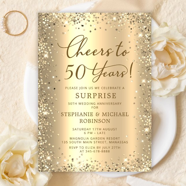 Convites Surprise Gold Glitter 50th Wedding Anniversary (Criador carregado)