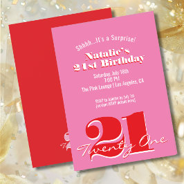 Convites SURPRISE! Modern Pink Red Minimalist 21st Birthday