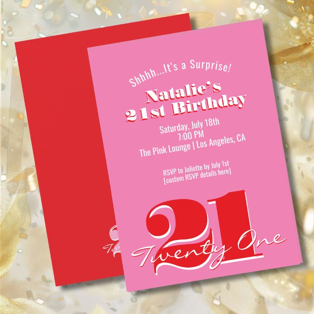 Convites SURPRISE! Modern Pink Red Minimalist 21st Birthday (Criador carregado)