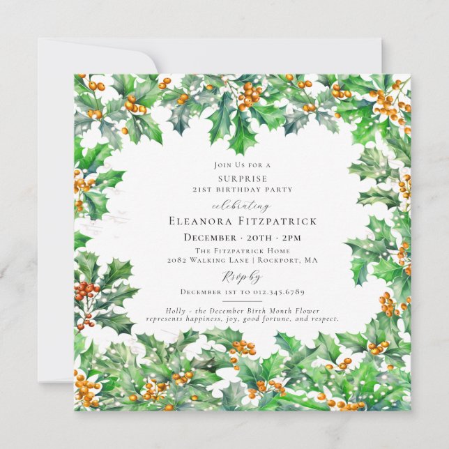 Convites SURPRISE PARTY 21st Birthday December Birth Flower (Frente)