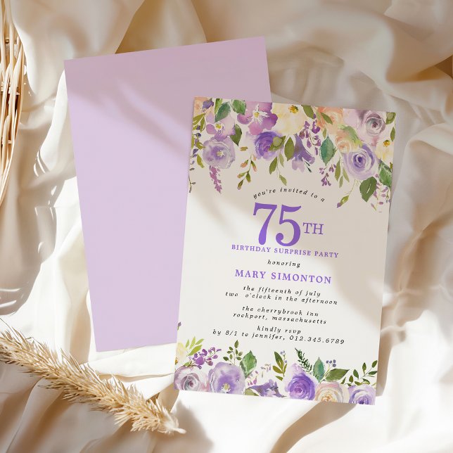 Convites SURPRISE PARTY 75th Birthday Pretty Purple Floral (Criador carregado)