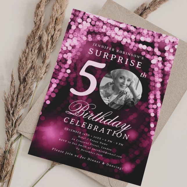 Convites SURPRISE Photo 50th Birthday Hot Pink Glam Lights (SURPRISE Photo 50th Birthday Hot Pink Glam Lights Invitation)
