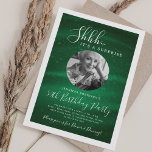 Convites SURPRISE Photo 50th Birthday Party Green Glam<br><div class="desc">An elegant "50th Birthday" party invitation design with personalized photo,  modern typography and a sparkling fabric background.</div>