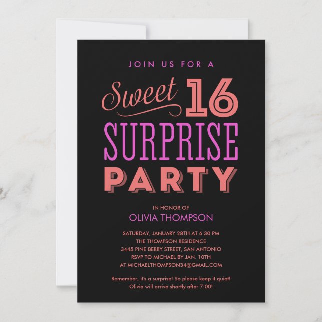 Convites Surprise Sweet 16 (Frente)