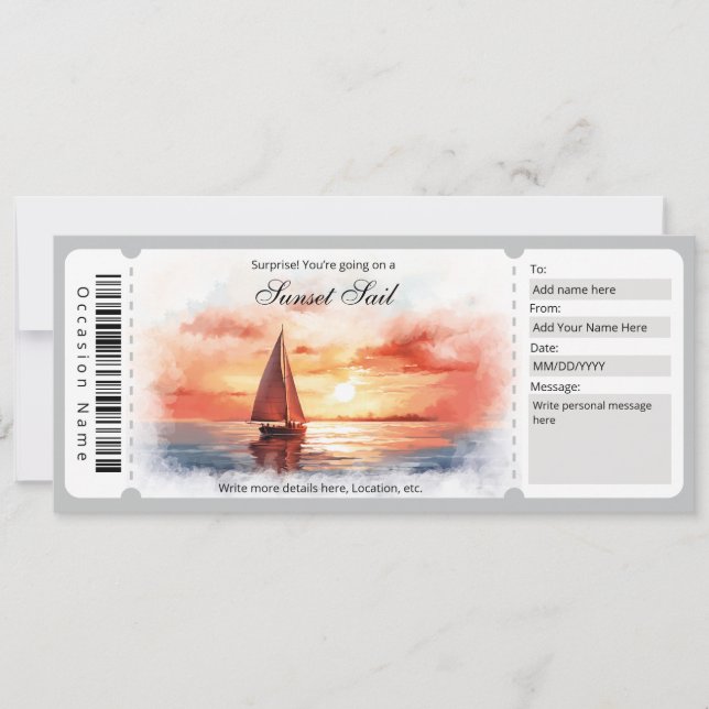 Convites Surprise Watercolor — Sunset Sail Ticket Modelo (Frente)