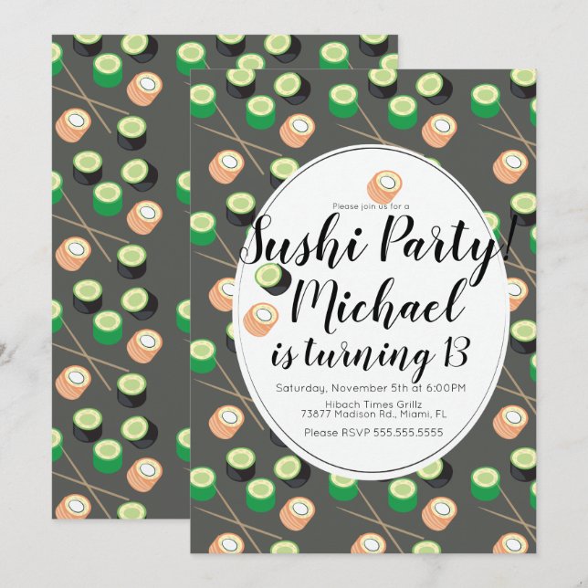 Convites Sush Rolls Cinza Restaurante Hibachi Aniversário (Frente/Verso)