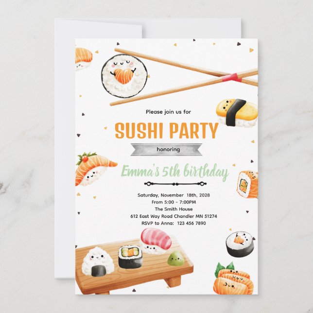 Convites Sushi birthday kid party invitation (Frente)
