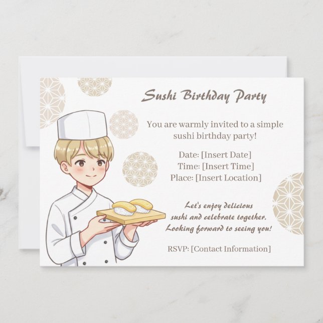 Convites Sushi Birthday Party Invitation with Cute Anime  (Frente)