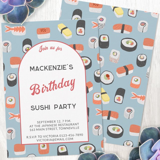 Convites Sushi Festa de aniversário (Fun Japanese sushi food art themed birthday party invitation with personalized custom text)