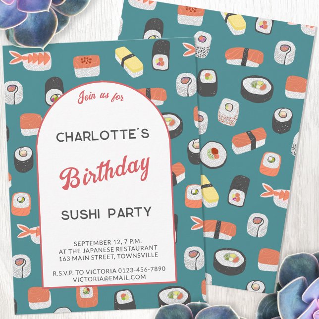 Convites Sushi Festa de aniversário (Japanese sushi themed personalized birthday party invitation with custom text)