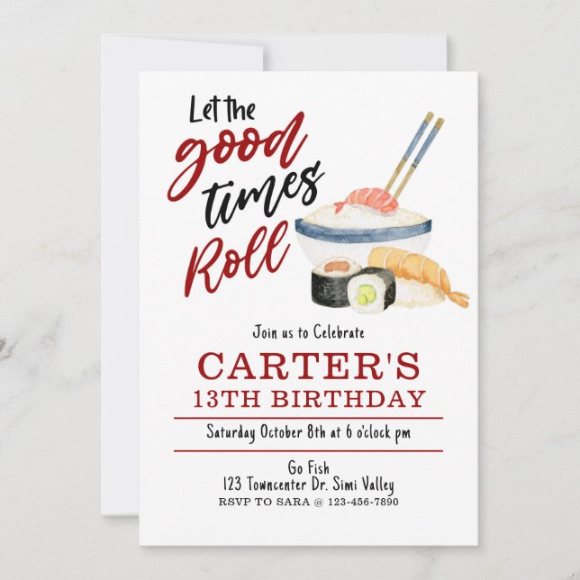 Convites Sushi Invitation, deixe os bons tempos rodarem (Frente)