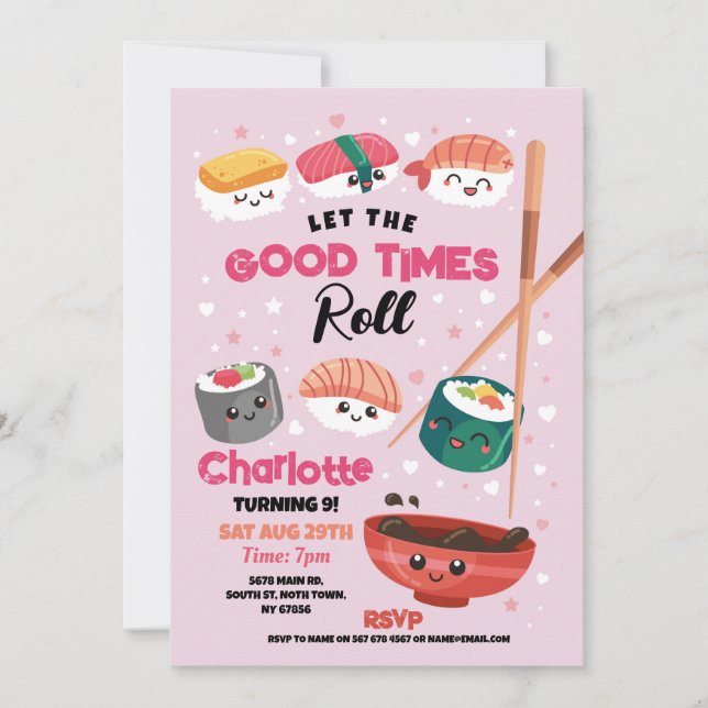 Convites Sushi Janta Meninas Rosa Festa de aniversário Japo (Frente)