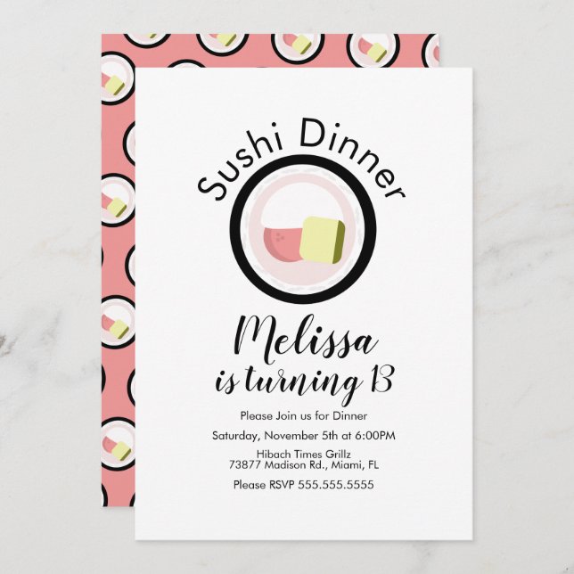 Convites Sushi Roll Salmon Teen Birthday Restaurante (Frente/Verso)