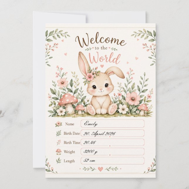 Convites Süßes Baby Hasen Design mit Geburtsdaten Feldern (Frente)