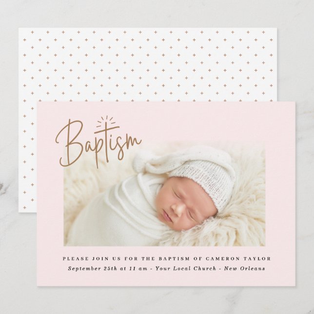 Convites Sutil Cross Dusty Pink Script Baptism Photo Girl (Frente/Verso)