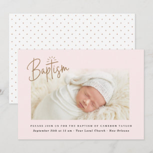 Convites Sutil Cross Dusty Pink Script Baptism Photo Girl