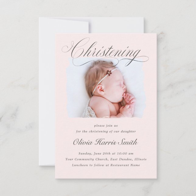 Convites Sutil Cross Dusty Pink Script Christening Foto I (Frente)