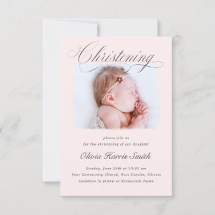 Convites Sutil Cross Dusty Pink Script Christening Foto I
