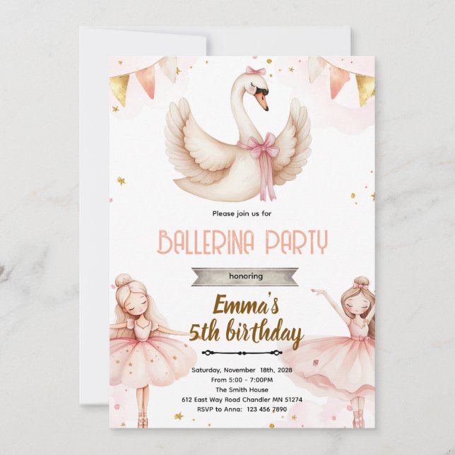 Convites Swan Ballet birthday Theme invitation (Frente)