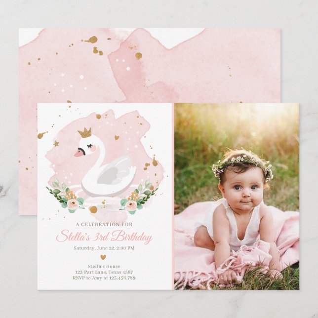 Convites Swan Birthday Invitation Girl Princesa Rosa Dourad (Frente/Verso)