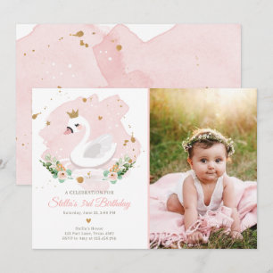 Convites Swan Birthday Invitation Girl Princesa Rosa Dourad